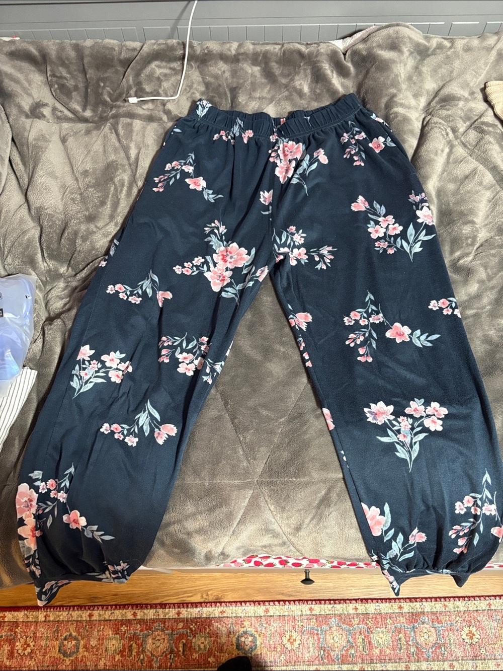 Kids Floral Pull-On Pants - Black with Pink Flowers